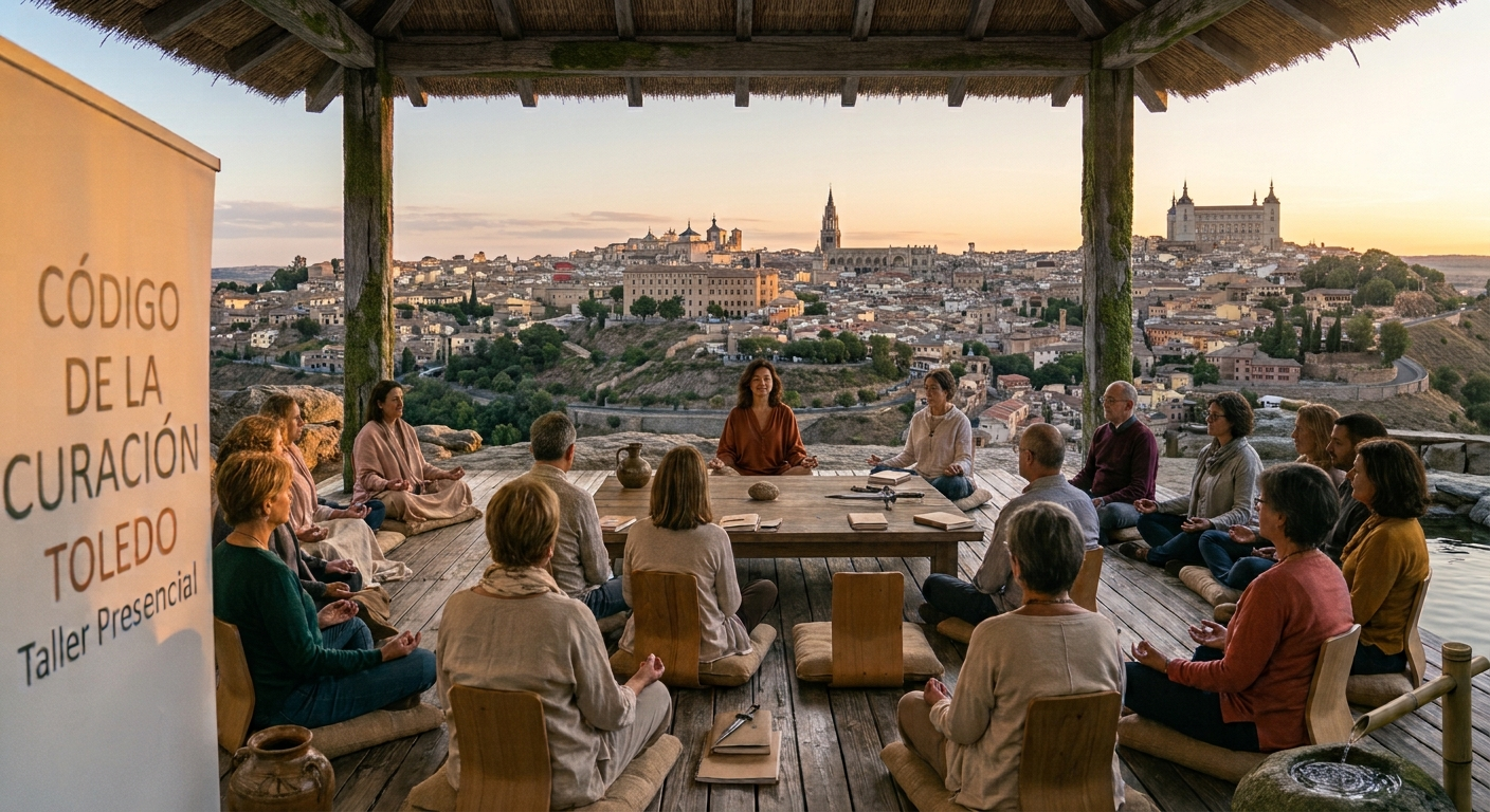 Grupo de personas participando en un taller de meditación al aire libre en Toledo, España, con vistas panorámicas de la ciudad durante el atardecer.
