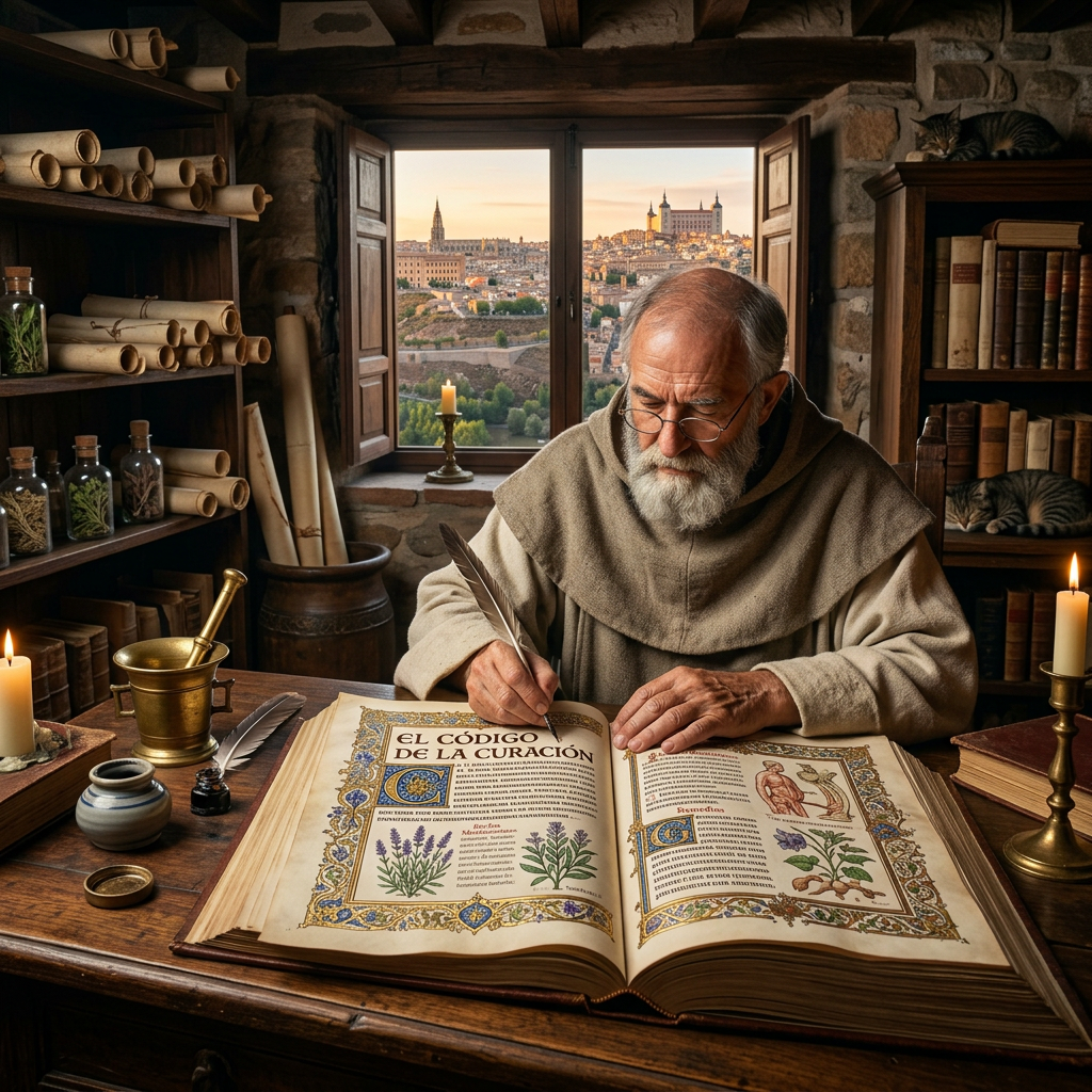 Medieval scholar writing in an illuminated Spanish healing manuscript