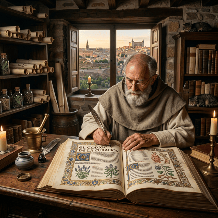 Medieval scholar writing in an illuminated Spanish healing manuscript