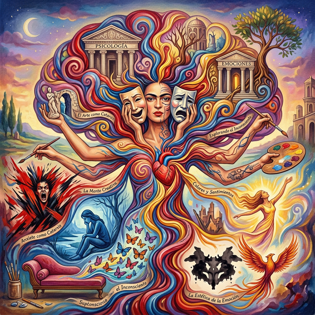 Surreal illustration labeled “PSICOLOGIA” and “EMOCIONES,” with masks, art, trees, butterflies, and symbolic figures