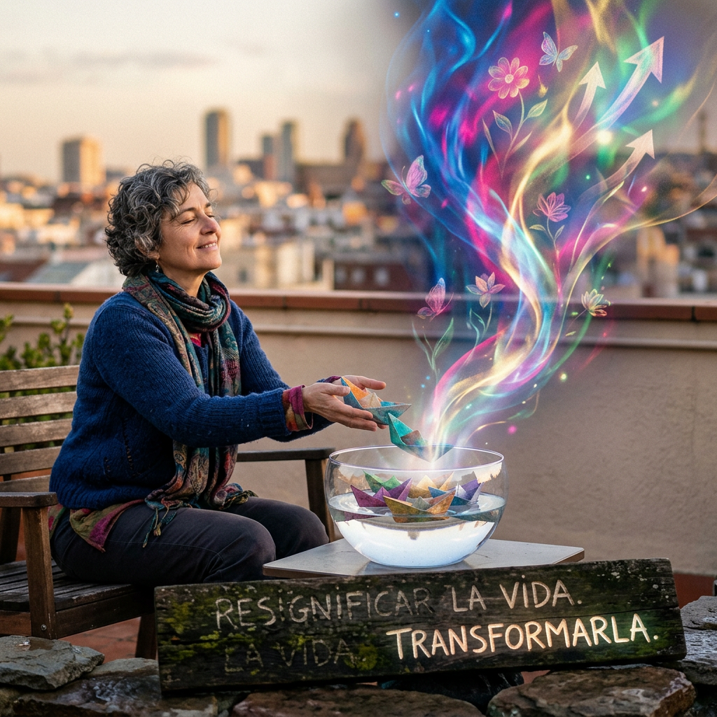 Woman releasing paper shapes beside a glowing bowl; sign reads “RESIGNIFICAR LA VIDA. TRANSFORMARLA.”
