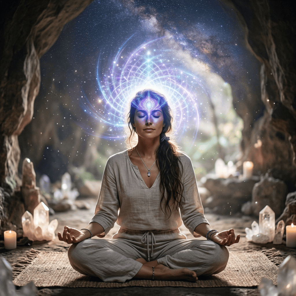 Woman meditating among crystals with glowing energy patterns overhead